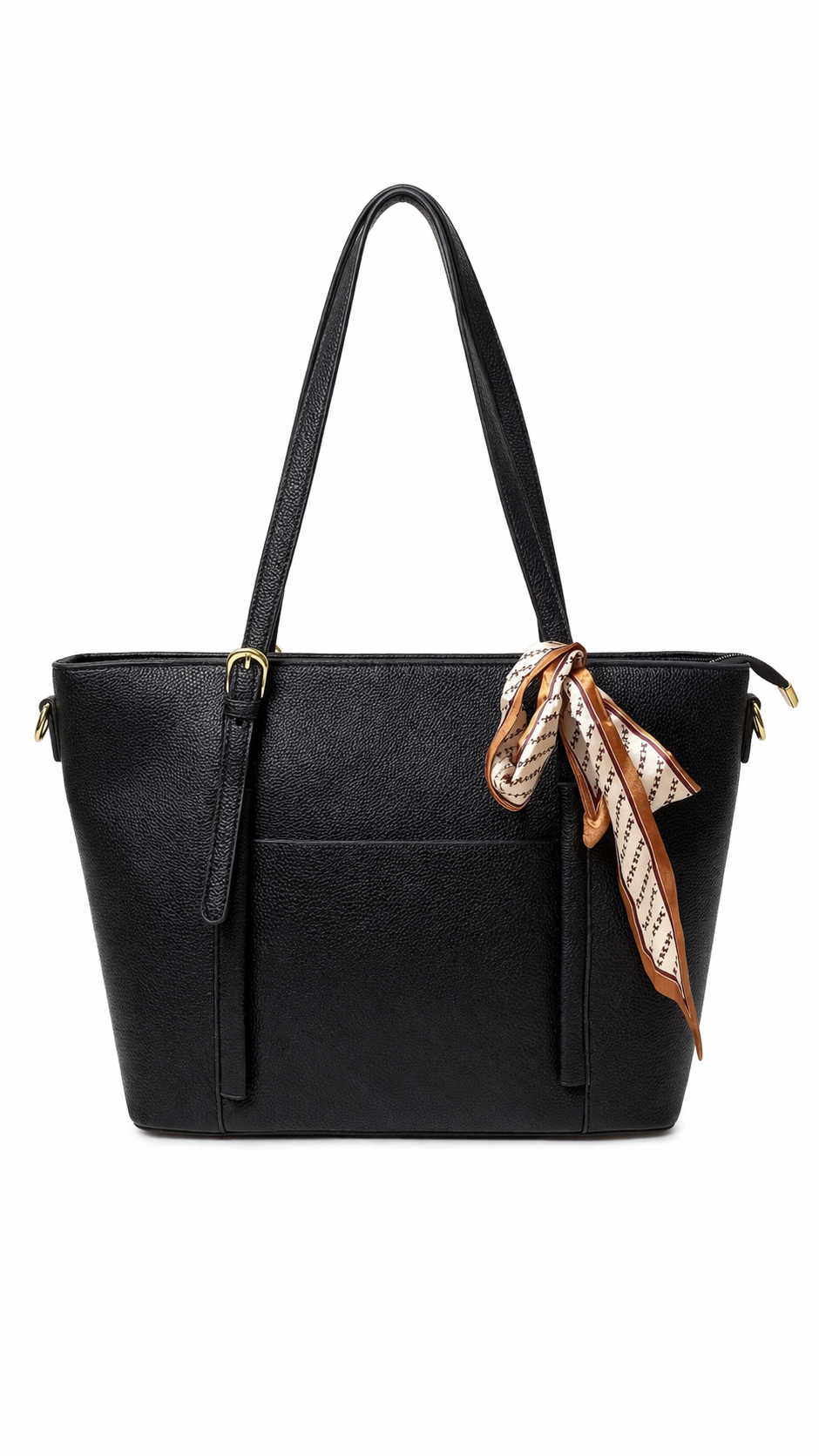 Classic Black Shoulder Tote Bag with Scarf Detail