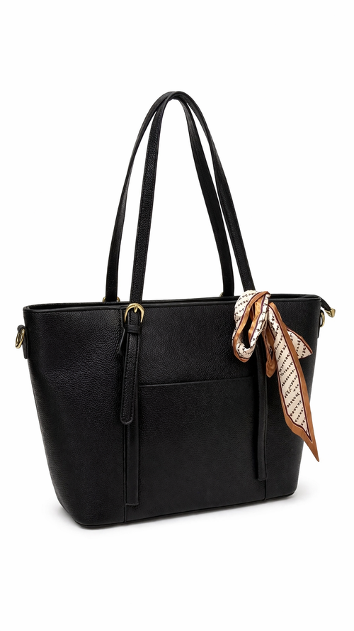 Classic Black Shoulder Tote Bag with Scarf Detail