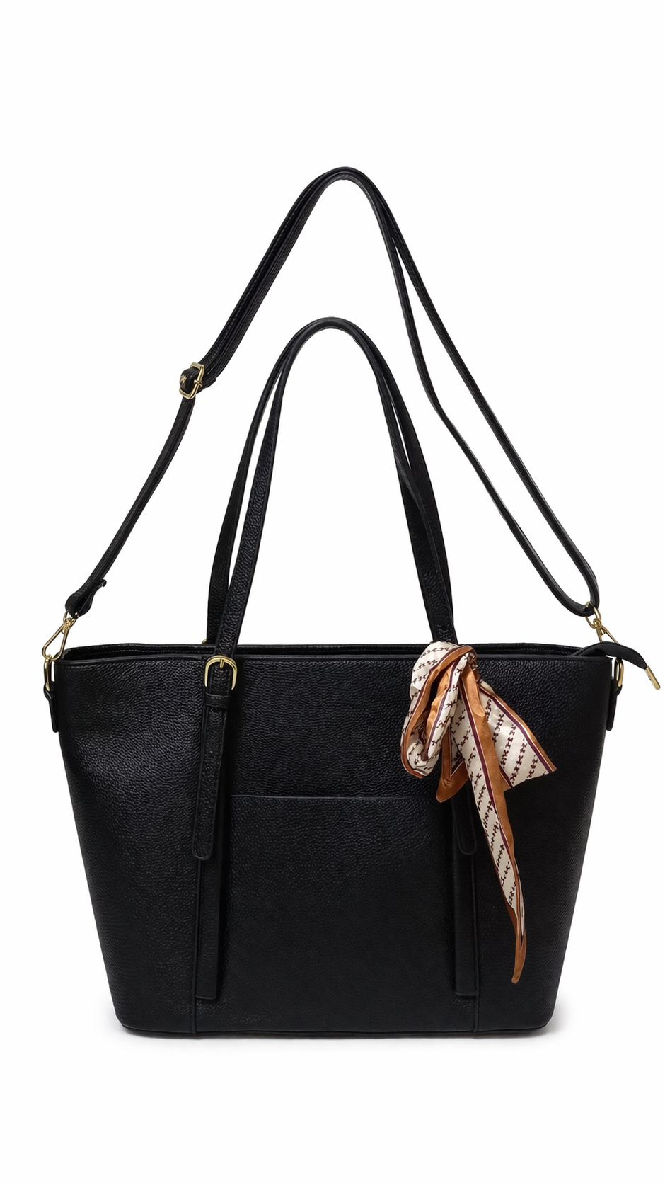 Classic Black Shoulder Tote Bag with Scarf Detail