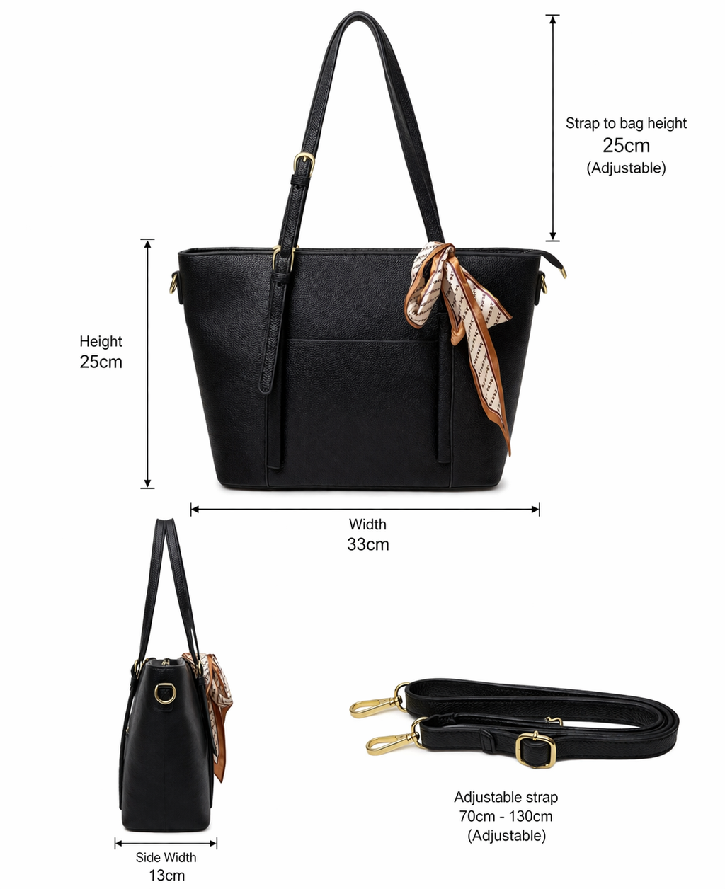 Classic Black Shoulder Tote Bag with Scarf Detail
