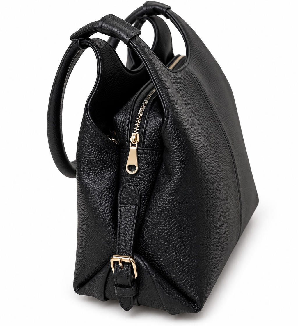 Kanelys Women Black Handbag | Premium Textured Shoulder Bag with Top Zip Closure & Gold-Tone Hardware