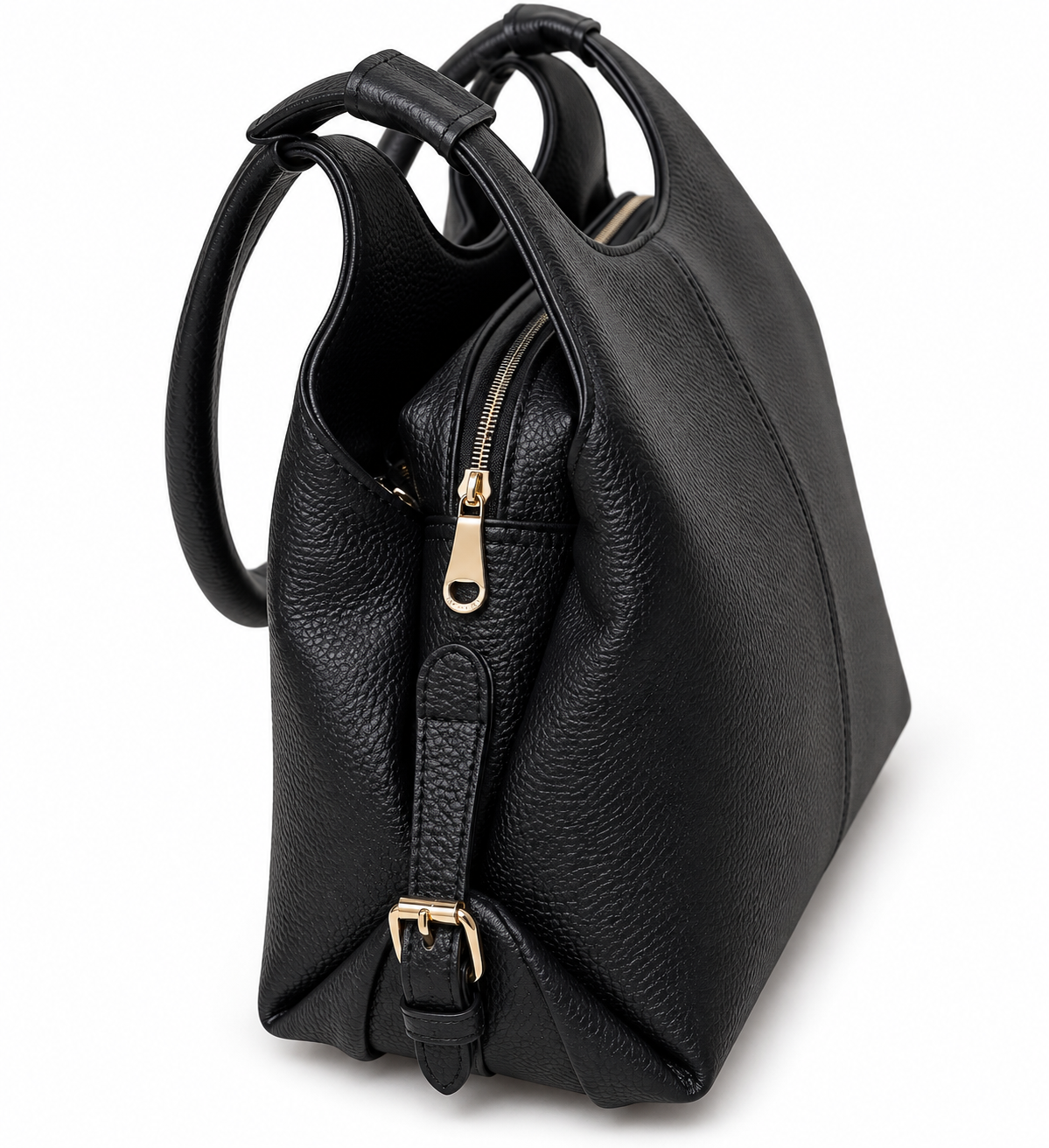 Kanelys Women Black Handbag | Premium Textured Shoulder Bag with Top Zip Closure & Gold-Tone Hardware