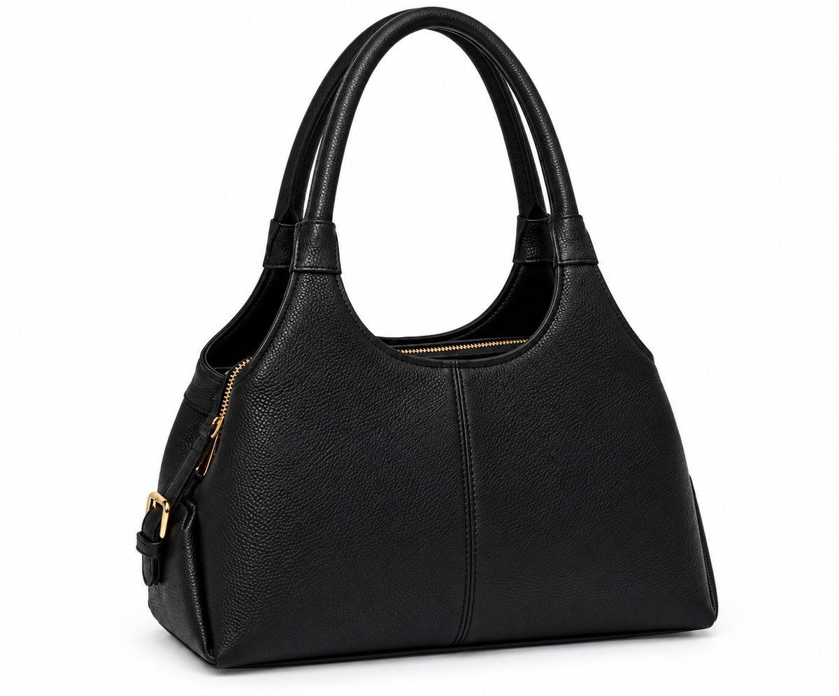 Kanelys Women Black Handbag | Premium Textured Shoulder Bag with Top Zip Closure & Gold-Tone Hardware