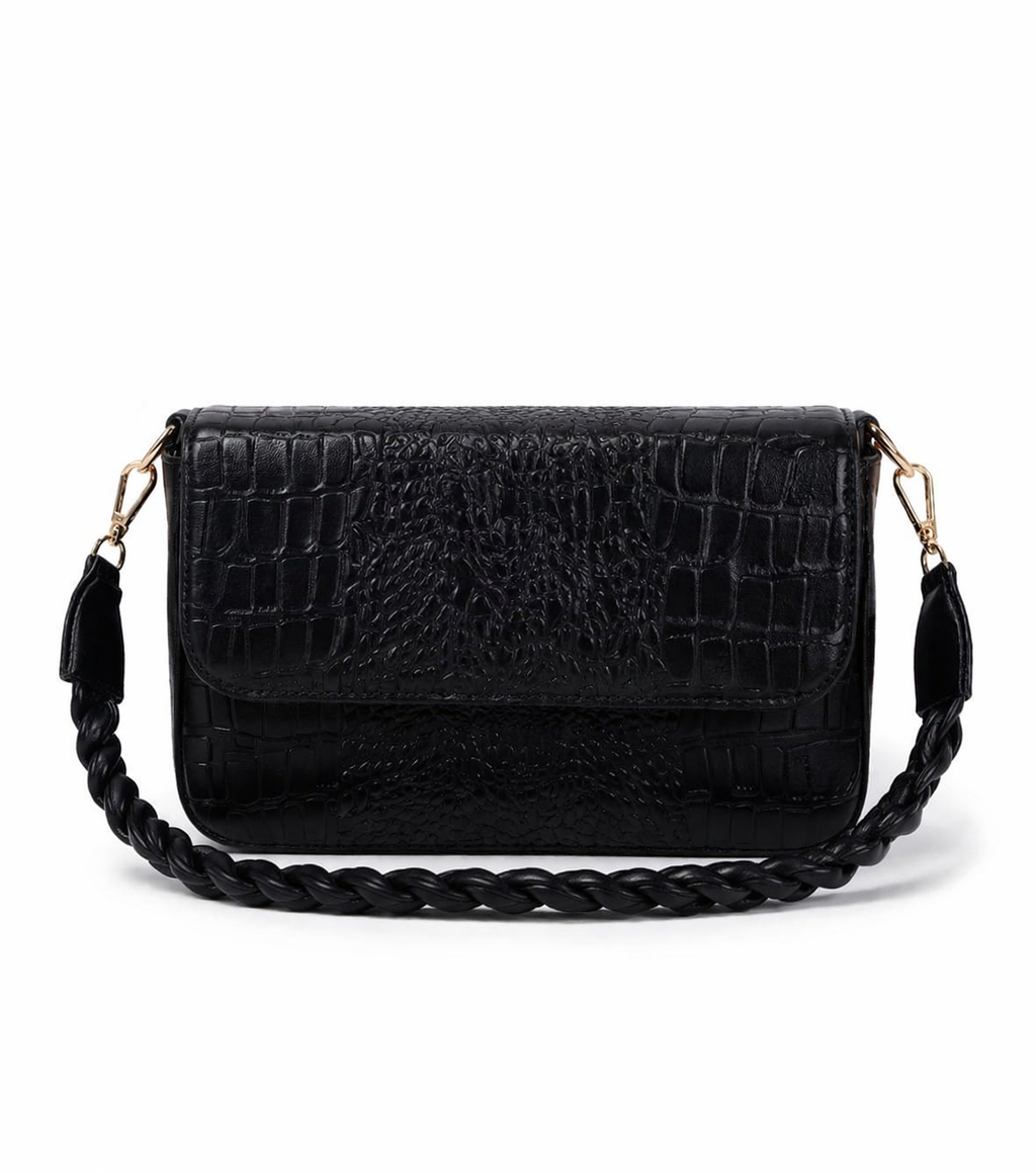 Black Croc Texture Shoulder & Sling Bag for Women | Premium Statement Handbag