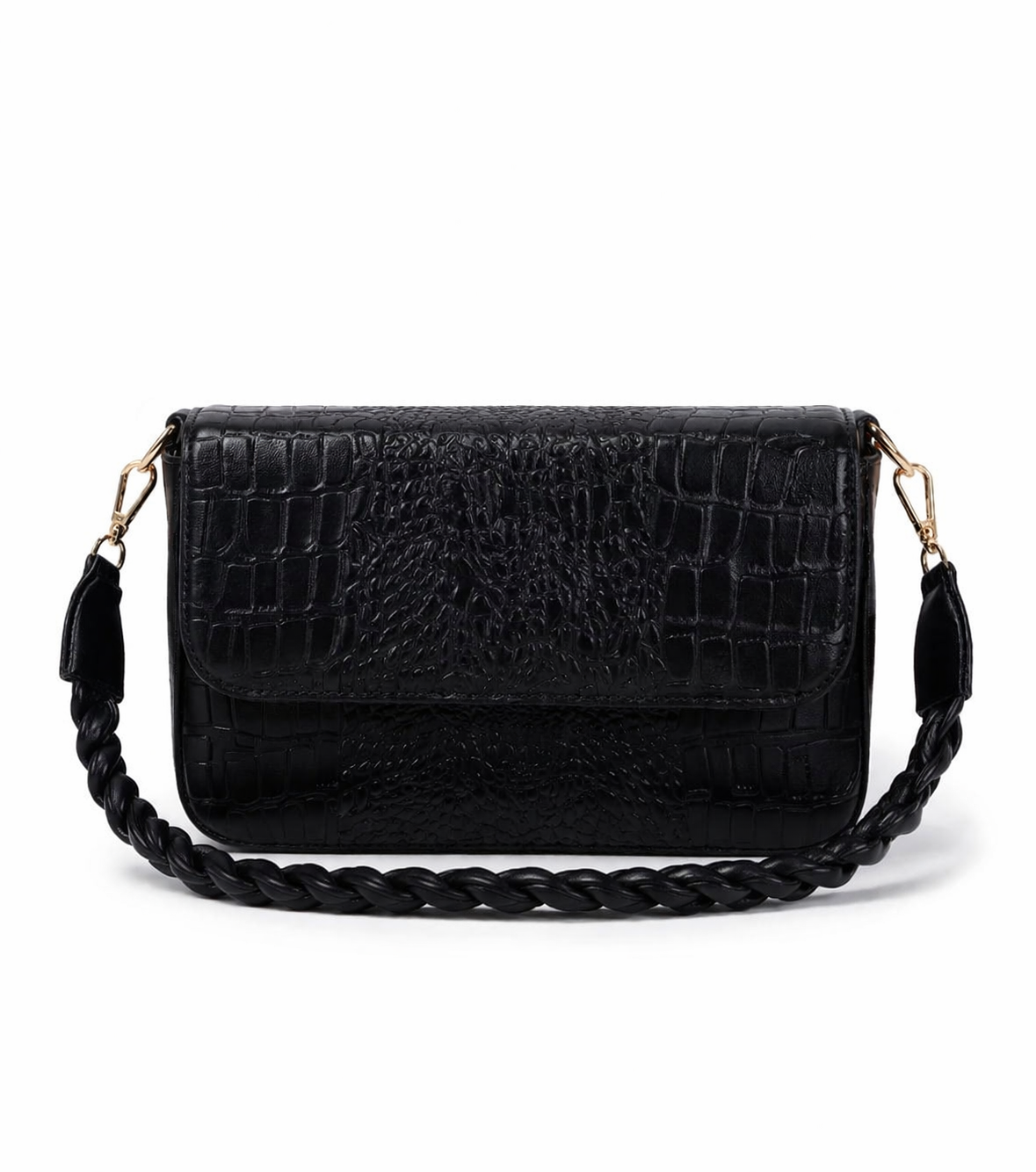 Black Croc Texture Shoulder & Sling Bag for Women | Premium Statement Handbag