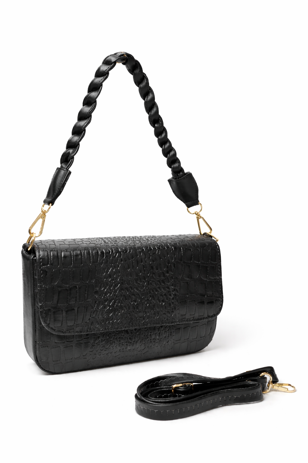 Black Croc Texture Shoulder & Sling Bag for Women | Premium Statement Handbag