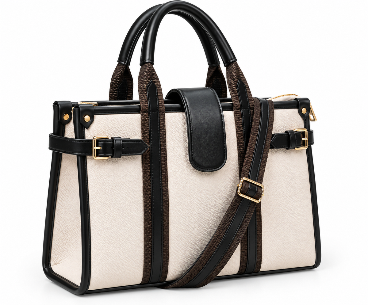 Kanelys Women Ivory Tote Bag | Structured Handbag with Detachable Adjustable Shoulder Strap