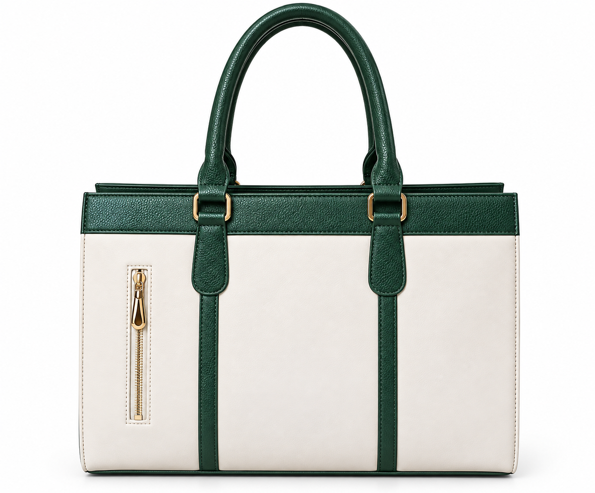 Kanelys Women Green & Cream Tote Bag | Structured Handbag with Front Zip Pocket