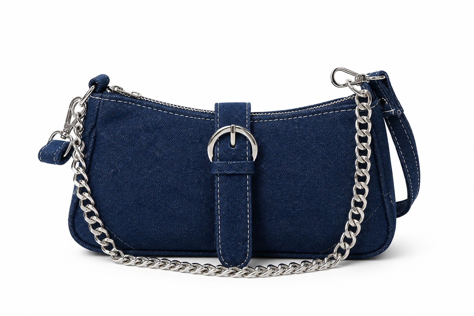 Kanelys Women’s Buckle & Chain Decor Denim Baguette Shoulder Bag