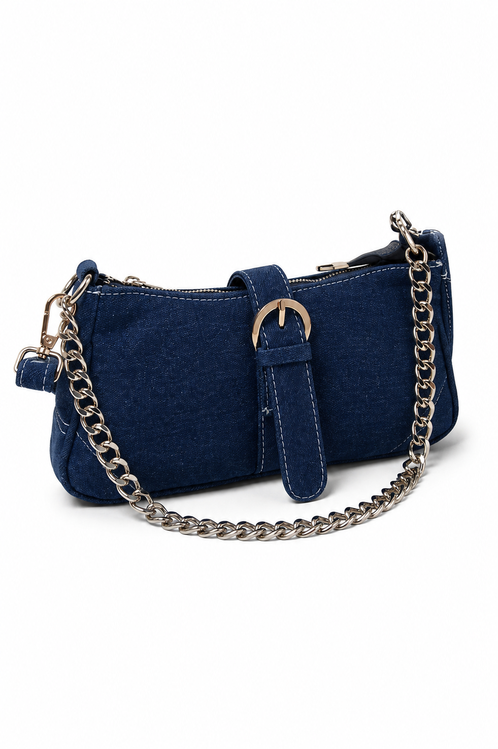 Kanelys Women’s Buckle & Chain Decor Denim Baguette Shoulder Bag