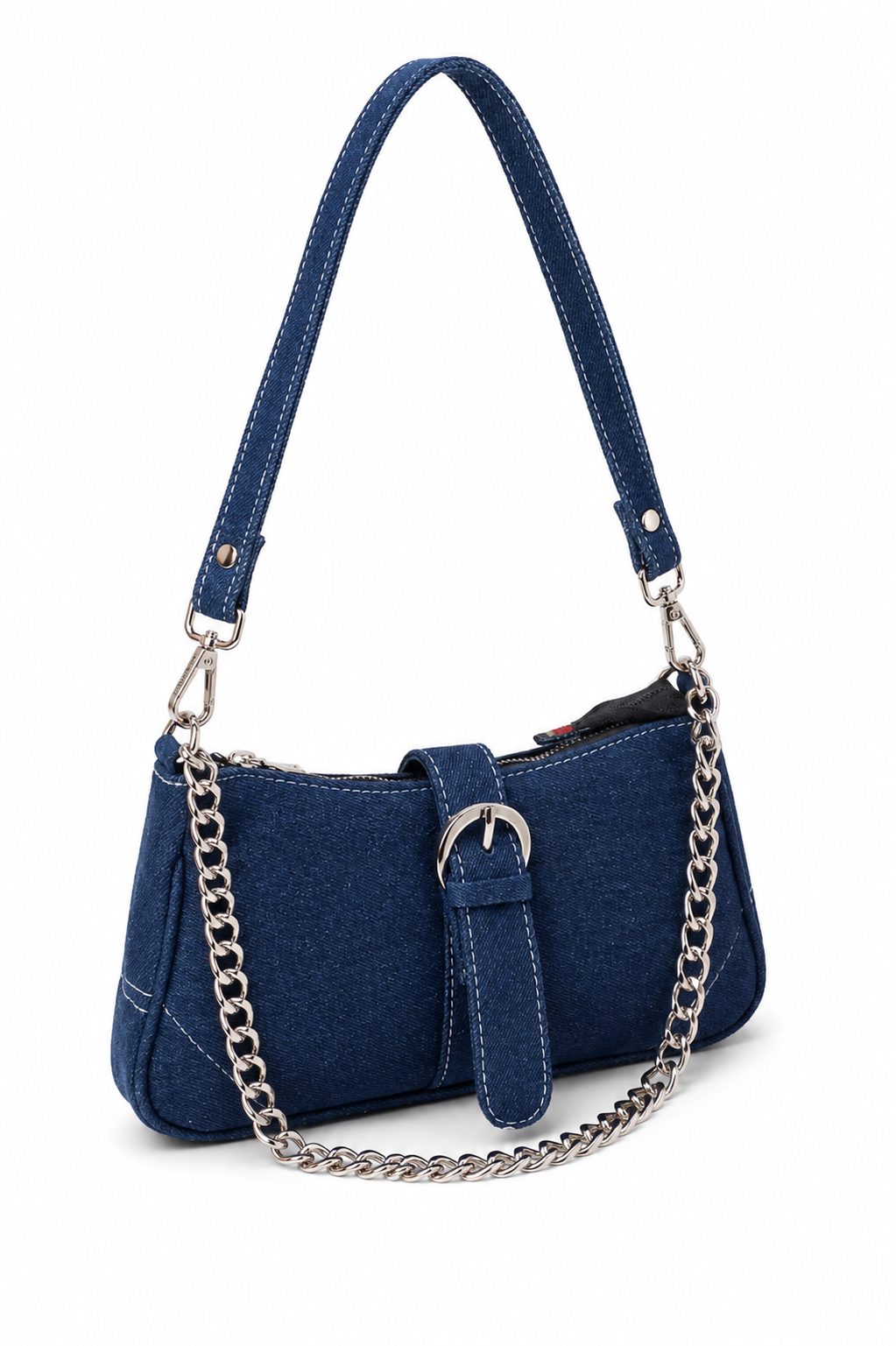 Kanelys Women’s Buckle & Chain Decor Denim Baguette Shoulder Bag