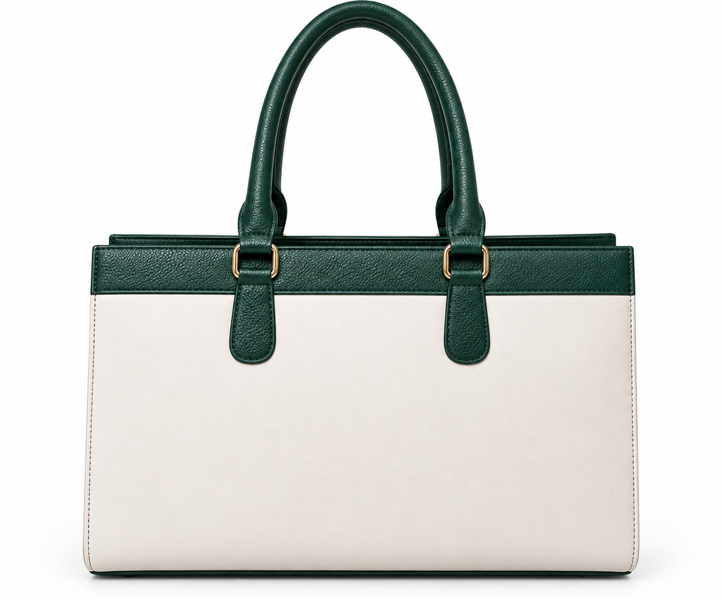 Kanelys Women Green & Cream Tote Bag | Structured Handbag with Front Zip Pocket