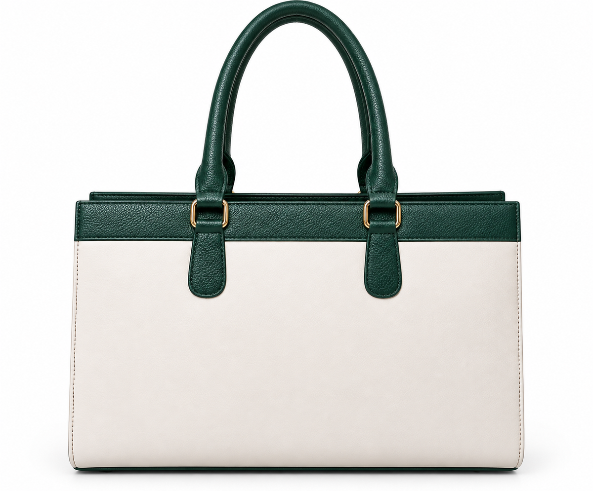Kanelys Women Green & Cream Tote Bag | Structured Handbag with Front Zip Pocket