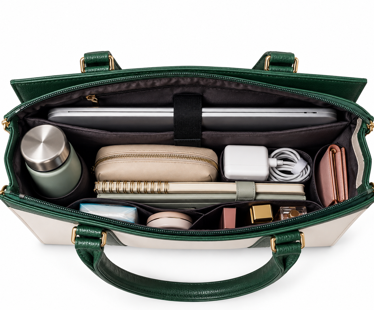 Kanelys Women Green & Cream Tote Bag | Structured Handbag with Front Zip Pocket